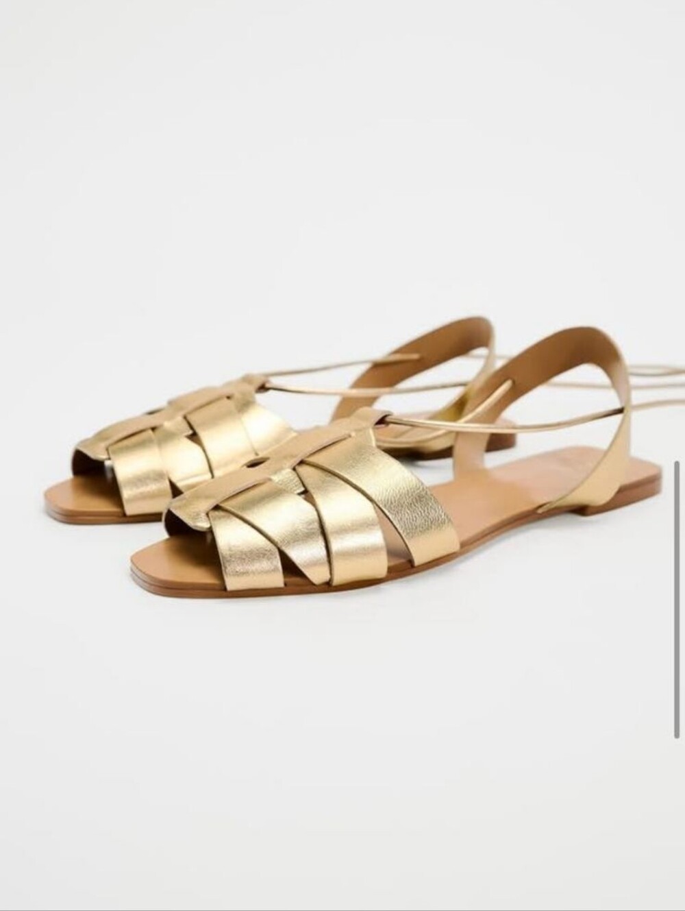 Zara Metallic Gold Woven Lace-Up Flat Sandals